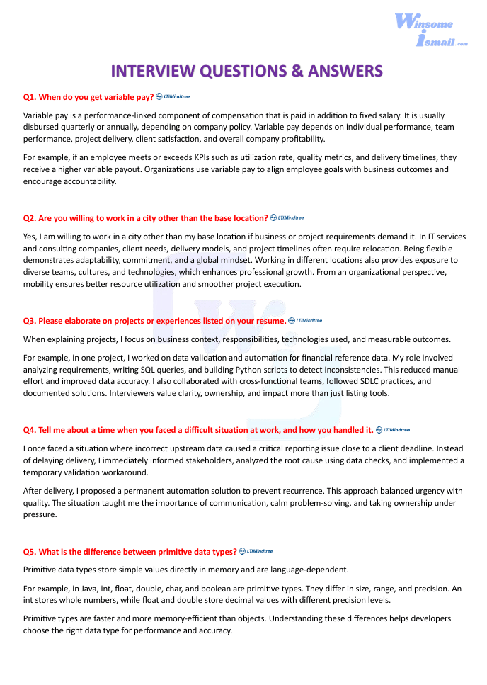 LTI Mindtree interview questions for freshers pdf